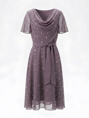 Jacques Vert Elegant Mauve Cowl-Neck Midi Dress with Tie Waist